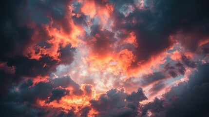 Fototapeta premium A dramatic sunset sky with clouds illuminated in shades of orange and pink.