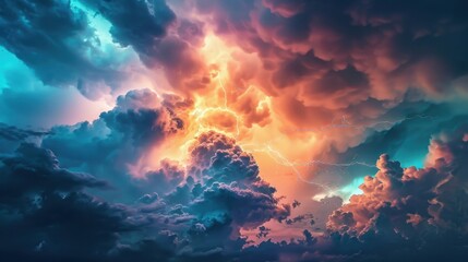 Fototapeta premium A dramatic view of storm clouds building up, with streaks of lightning in the distance.