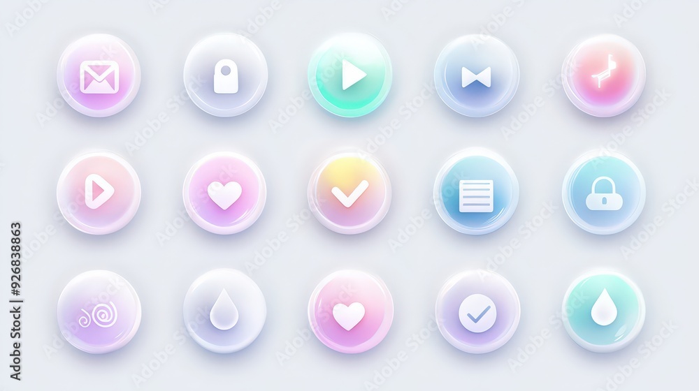 Aufkleber colorful 3d glassy ui buttons with gradient and white icons.