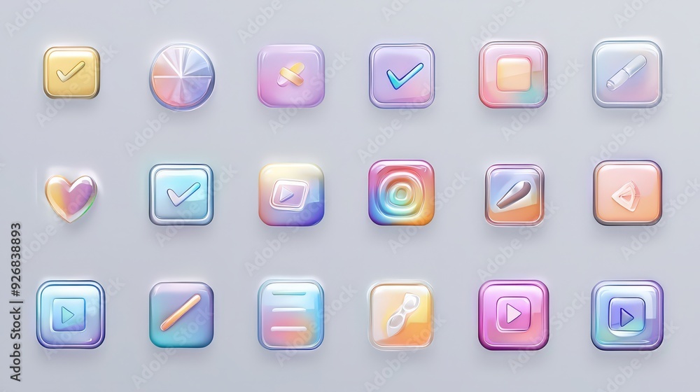 Poster 3d colorful iridescent glassy buttons with app icons.