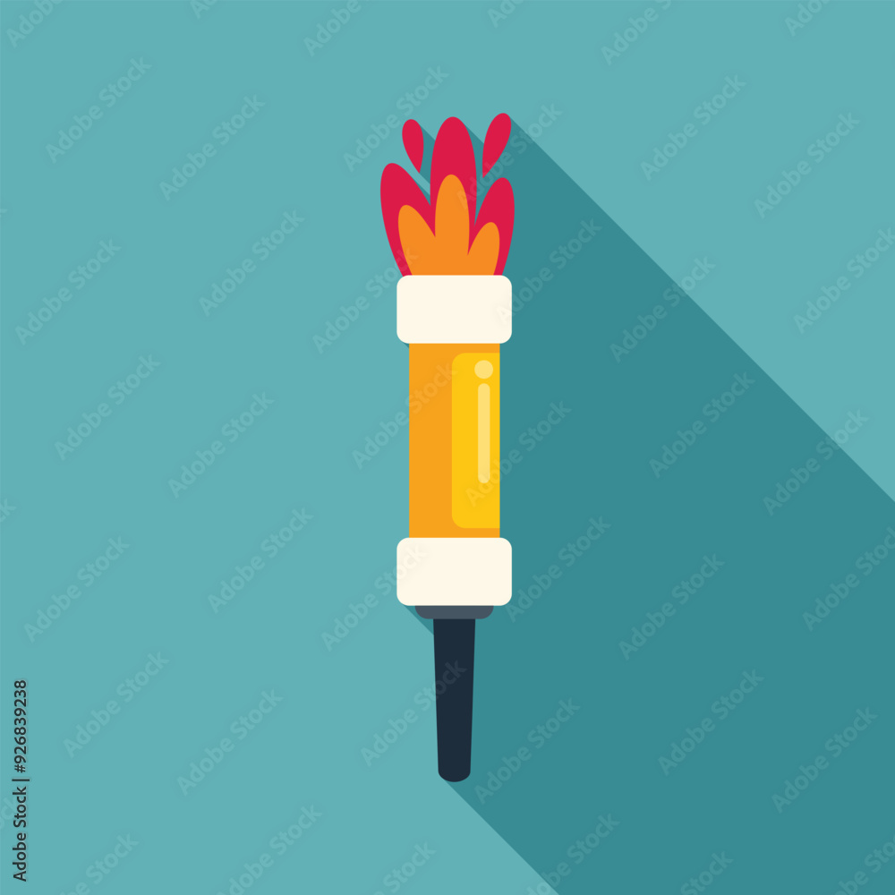 Poster burning torch with flames providing light in flat design style with long shadow on turquoise backgro
