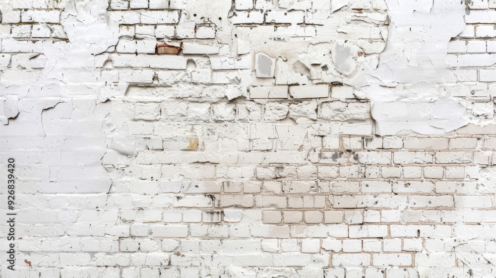 Poster a partially worn white brick wall with a mix of old and new bricks, creating a unique pattern.