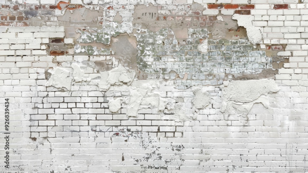 Poster a partially worn white brick wall with a mix of old and new bricks, creating a unique pattern.