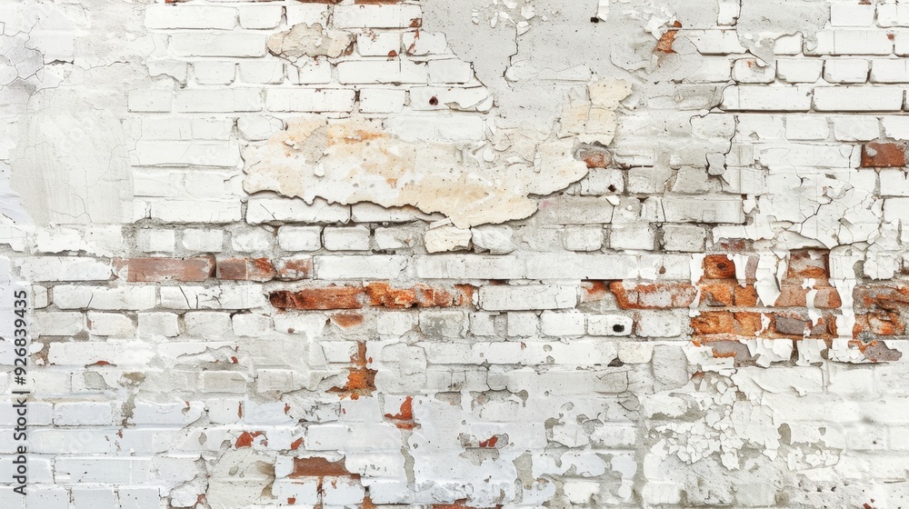 Poster a partially worn white brick wall with a mix of old and new bricks, creating a unique pattern.