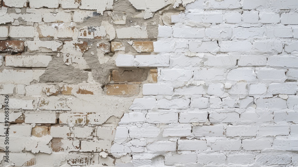 Poster a partially worn white brick wall with a mix of old and new bricks, creating a unique pattern.