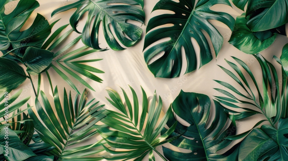 Poster a pattern of tropical leaves with a light background, featuring a central space for text.