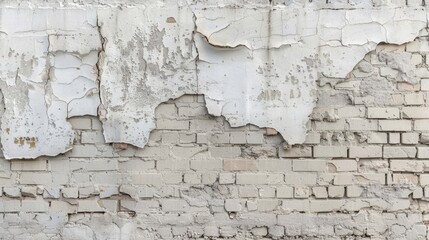 A partially crumbled white brick wall, revealing the raw bricks beneath the surface.