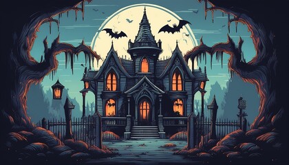 A retro pixel art haunted mansion with cobwebs, bats, and a spooky graveyard