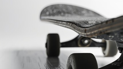 Black skateboard stands on a gray surface, close-up of wheels, wood deck, and grip tape, showcasing urban style and cool youth culture