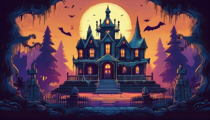 A retro pixel art haunted mansion with cobwebs, bats, and a spooky graveyard