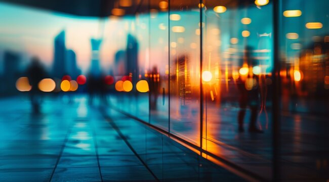 Blurred Glass Windows of Modern Office Building at Sunset with City Lights and People in Motion