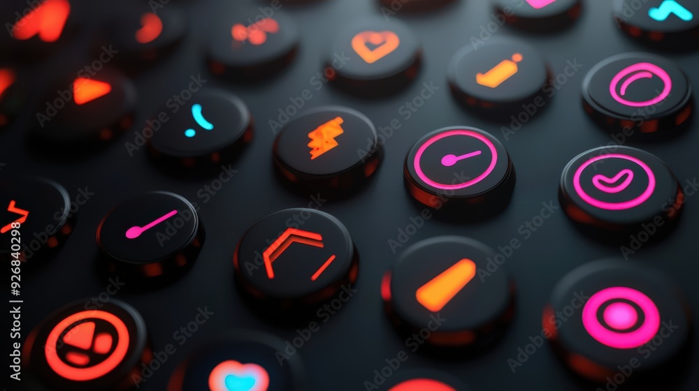 Poster abstract circular buttons with neon glowing lights.