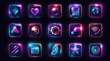 Neon Game Icons Set.