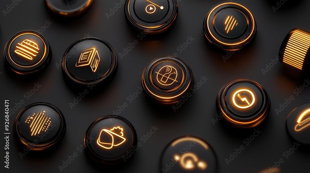 Poster abstract futuristic interface with glowing buttons.