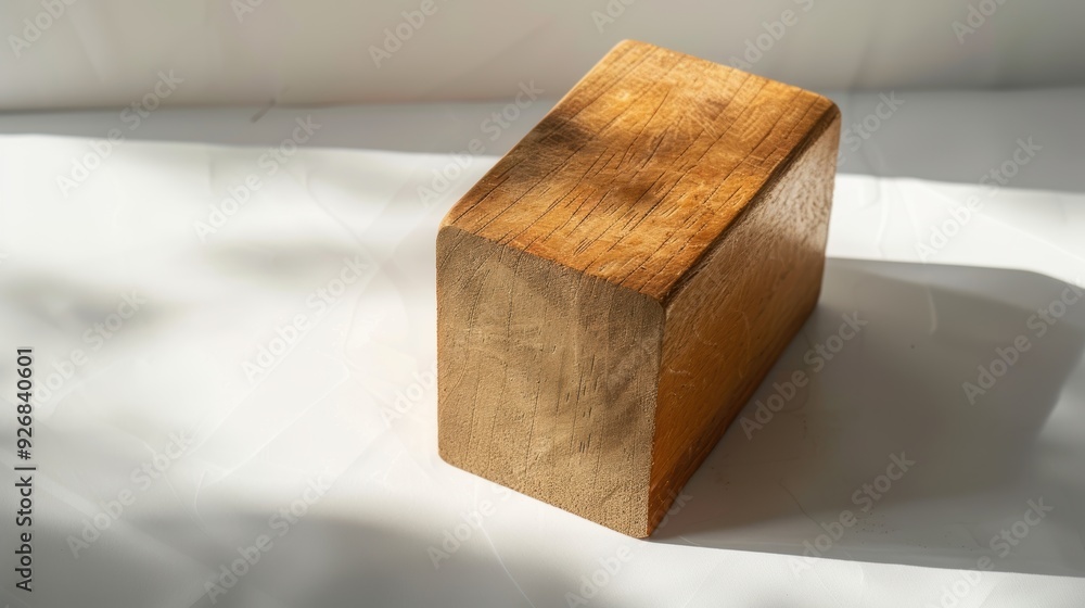 Poster rectangular wooden block casting a shadow on a white surface in natural light