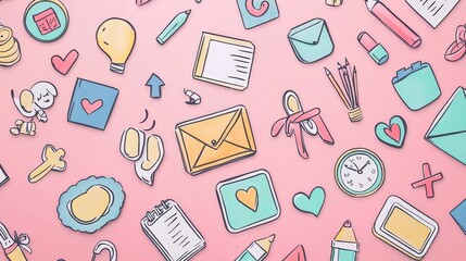 Cute Hand-Drawn Doodle Pattern on Pink Background.