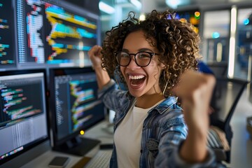 Fototapeta premium Photo of lovely excited glad woman software developer sitting armchair comfortable workspace workstation indoors