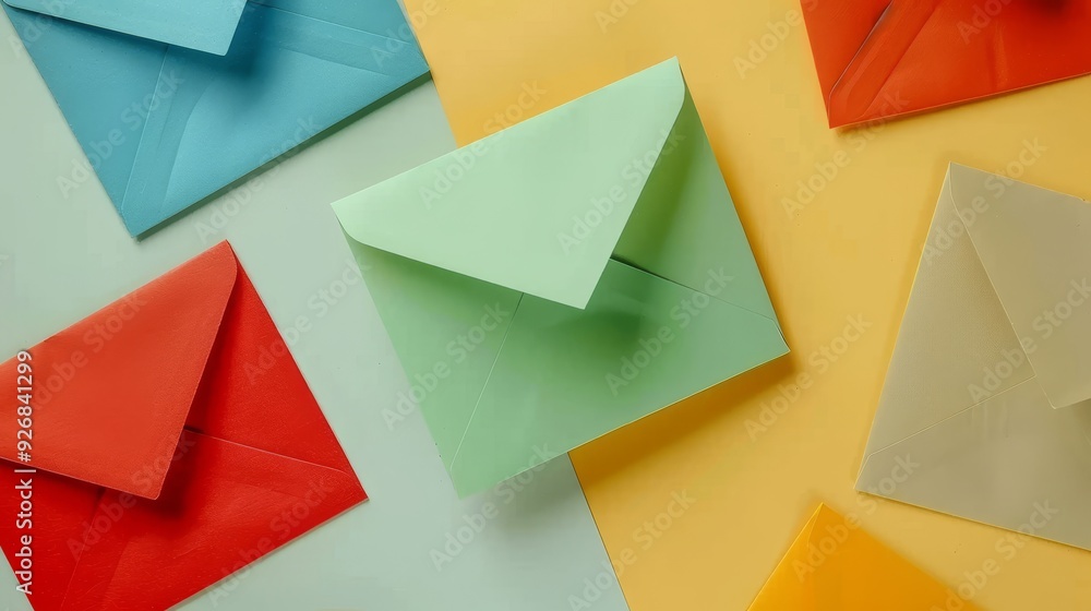 Poster colorful levitating paper envelopes on gradient backdrop with clean lines and balanced layout