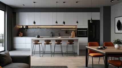 Modern Interior With Bright Wall, Living room, Bed room, kitchen, House Plants