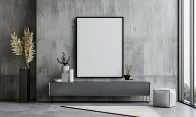 Minimalist black Frame with white Mockup with Sleek Flat Screen on Grey Cabinet for Contemporary Home Decor