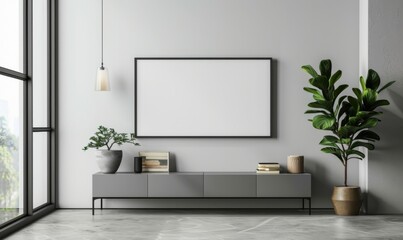 Minimalist black Frame with white Mockup with Sleek Flat Screen on Grey Cabinet for Contemporary Home Decor