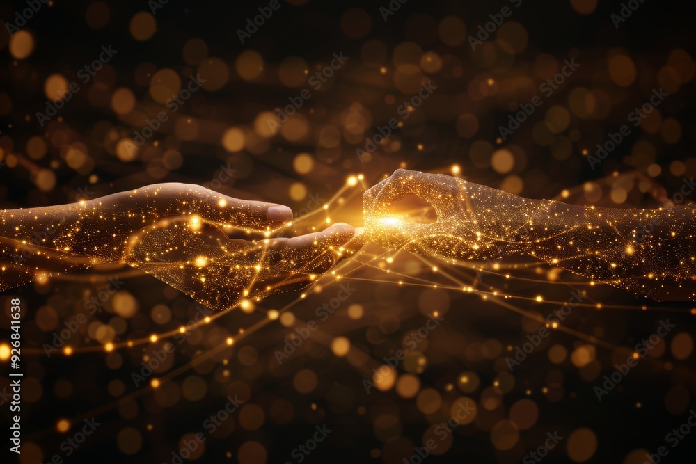 Poster human and robotic hands reaching through glowing data streams in intricate digital network