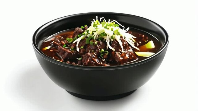A bowl of rawon, showcasing the rich, dark beef stew with tender chunks of beef, garnished with bean sprouts, green onions, and a side of lime wedges, isolated on white background