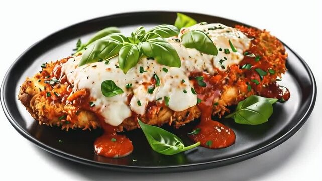A plate of chicken parmigiana, crispy breaded chicken cutlet topped with marinara sauce and melted mozzarella cheese, garnished with fresh basil, served on black plate, isolated on white background