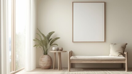 Mockup Frame in White Room with Natural Wooden Table and Decor