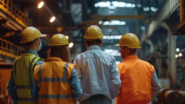 Rear view of 4 heavy industry technicians in uniforms and helmets discussing manufacturing processes. Walking at the production factory