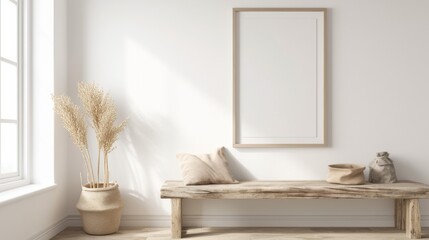 Mockup Frame in White Room with Natural Wooden Table and Decor