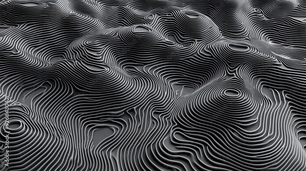 Poster abstract lines, continuous curves in monochrome, forming intricate patterns, soft contrast lighting