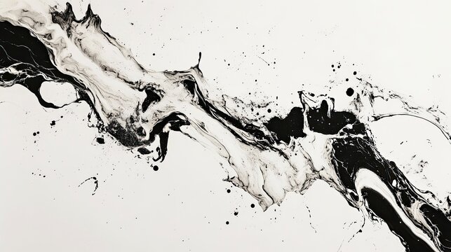 Abstract ink, splattered shapes in black and white, with a dynamic arrangement, soft natural lighting