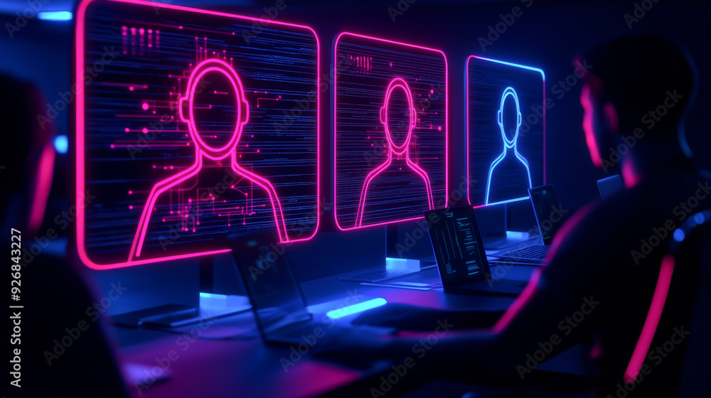 Aufkleber a futuristic workspace with holographic screens displaying user data, symbolizing digital analysis a