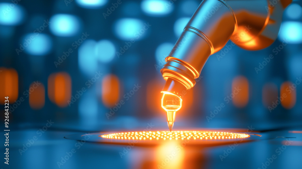 Poster a futuristic robotic arm performs precision tasks with glowing tools in an advanced industrial setti