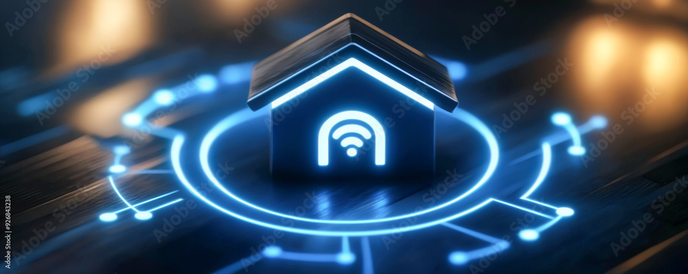 Poster a futuristic smart home icon representing advanced technology and connectivity with a glowing design