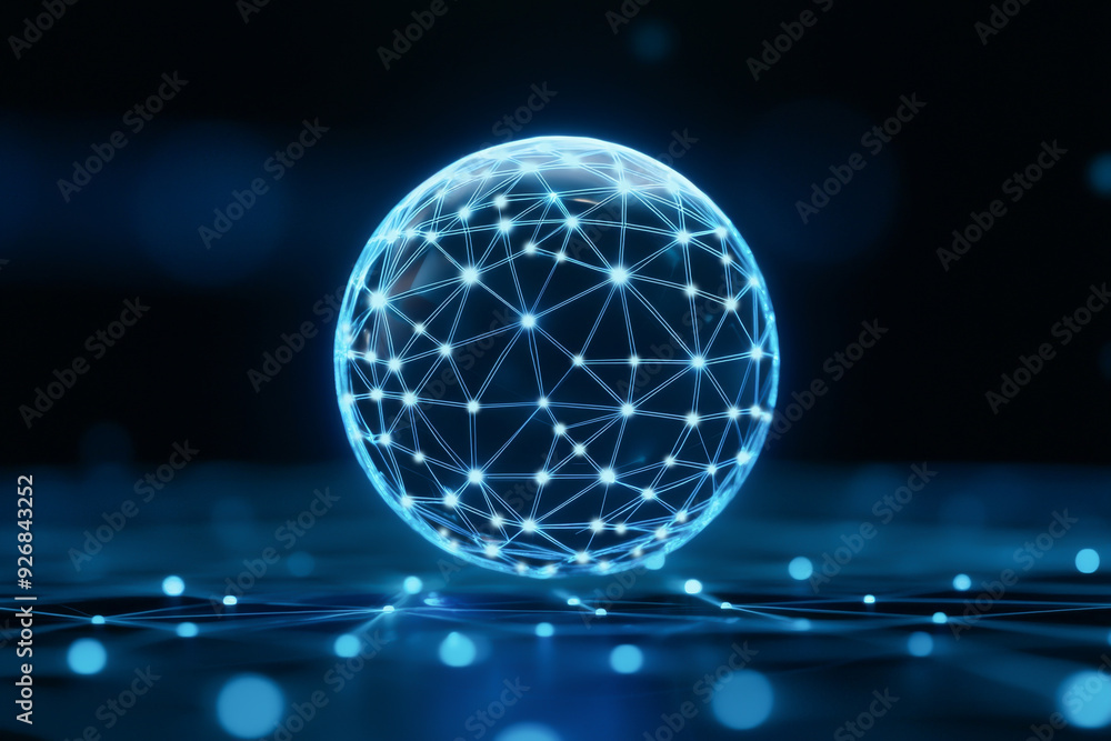 Poster a glowing digital sphere with interconnected nodes, representing technology and connectivity in a mo