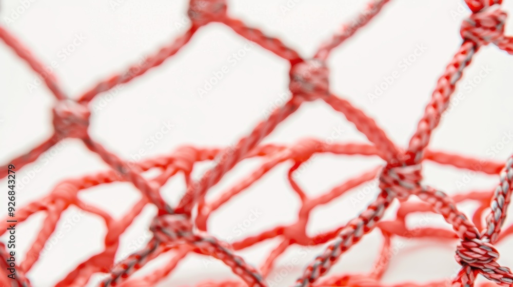 Poster detailed close-up of red net with repeating geometric pattern against white background, emphasizing 