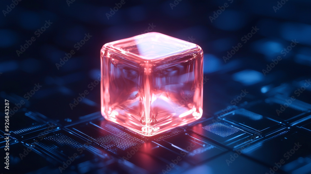 Poster a glowing red cube resting on a digital surface, showcasing futuristic design and captivating light 