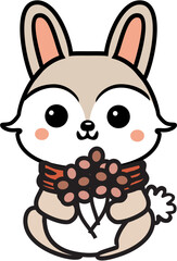 cute line art bunny, rabbit, fall rabbit, fall design, rabbit holding flowers, rabbit with scarf holding flowers., white background, black outline silhouette, website element, fall element, thanks