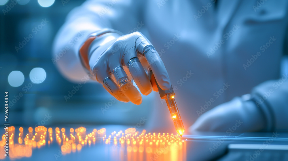 Poster a scientist in a lab coat carefully manipulates a glowing device, showcasing precision in a high-tec