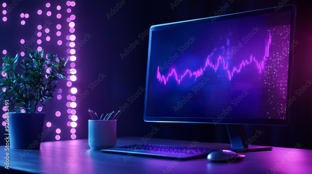 Poster a sleek desktop setup with a vibrant monitor displaying data, surrounded by a plant and colorful lig