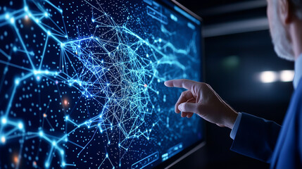 A person interacting with a futuristic digital interface displaying a complex network of connections and data visualizations.