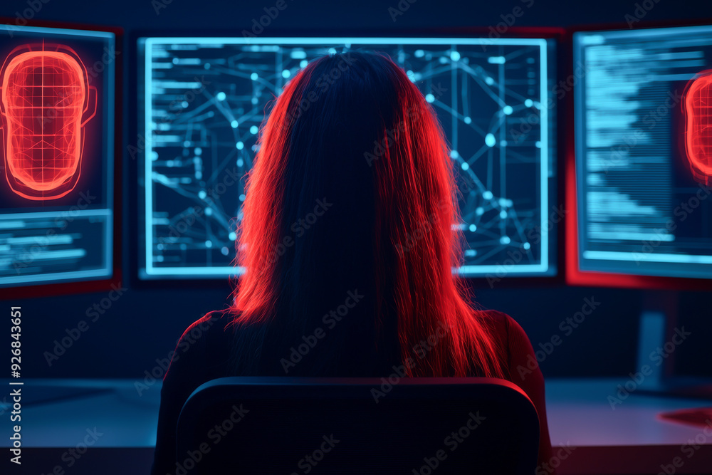 Poster a woman sitting in front of multiple screens, illuminated by red light, focused on data analysis and
