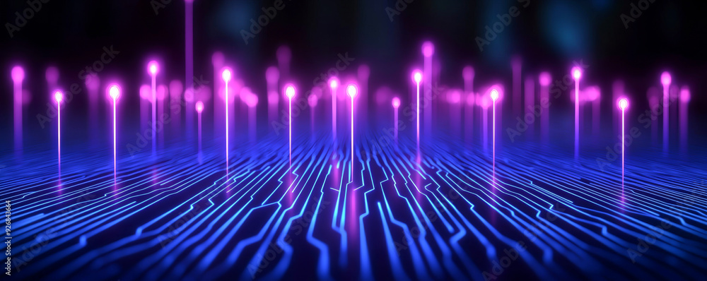 Poster abstract digital background featuring vibrant pink and blue light patterns over a circuit-like surfa
