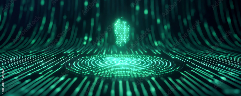 Poster abstract digital design featuring luminous green patterns and a floating hologram, perfect for techn