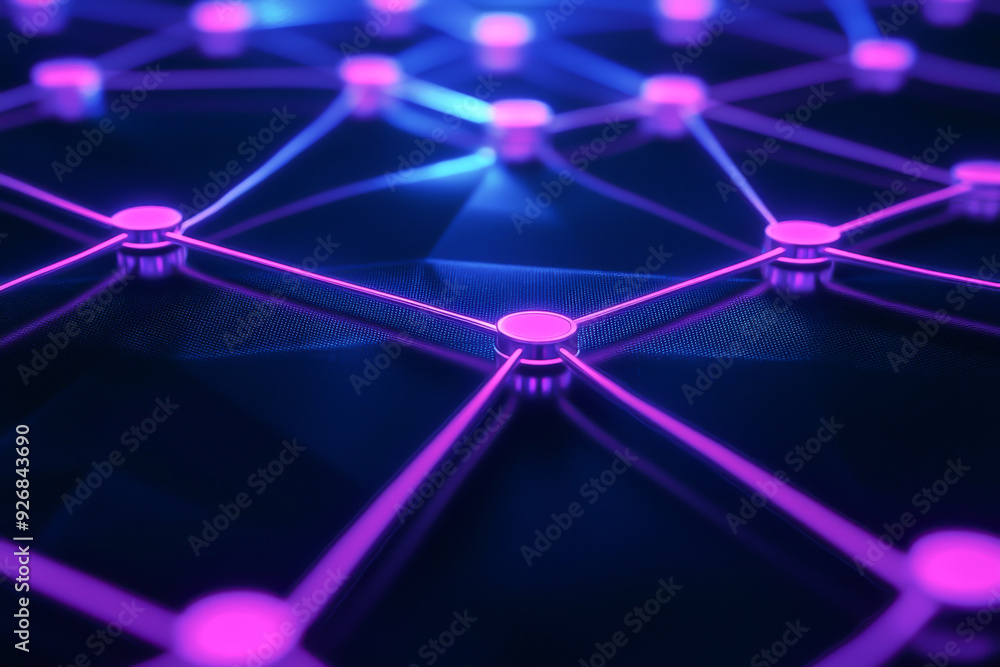 Poster abstract network concept with glowing nodes and connections, creating a vibrant digital landscape in