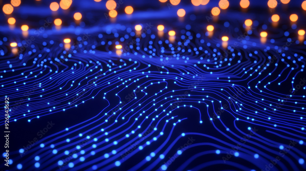 Poster abstract digital wave representation with glowing nodes, creating a vibrant blue background for tech