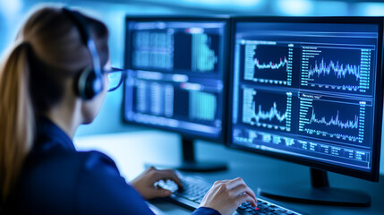 A woman analyzes data on dual screens while wearing headphones, engaged in financial or technical analysis in a modern workspace.