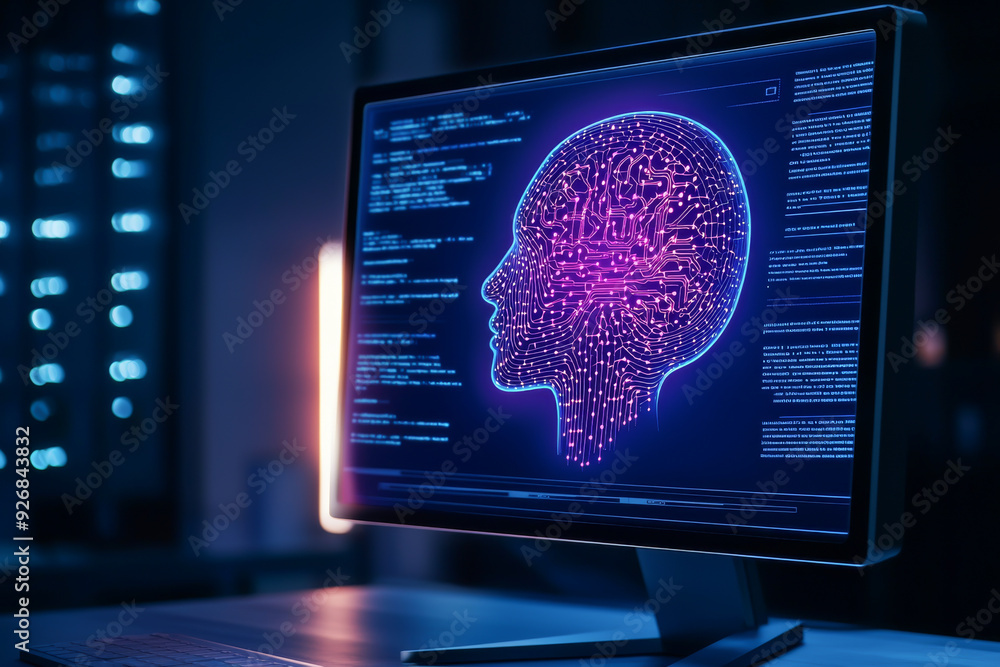 Poster digital illustration of a neural network represented by a human head silhouette filled with glowing 